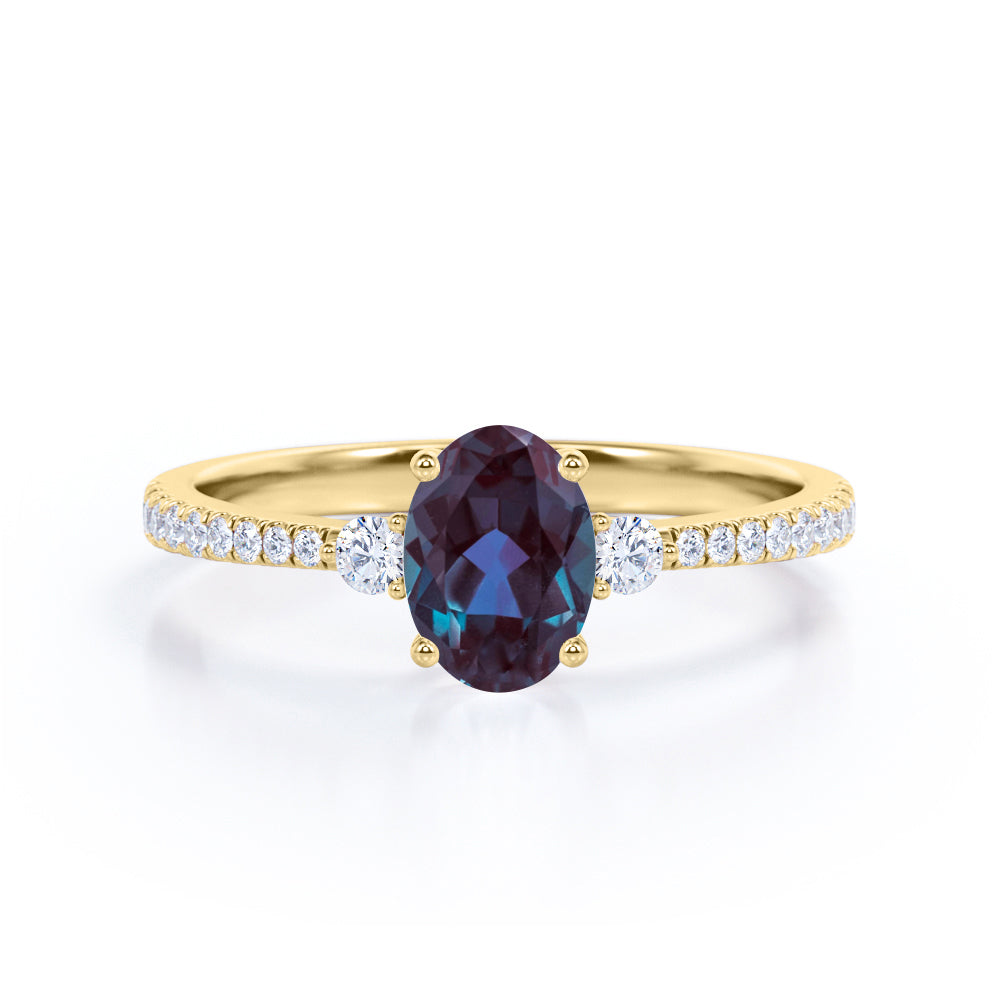 Affordable 1.40 Carat Oval Cut Lab Created Alexandrite And Diamond Four Prong Pave Engagement Ring In White Gold