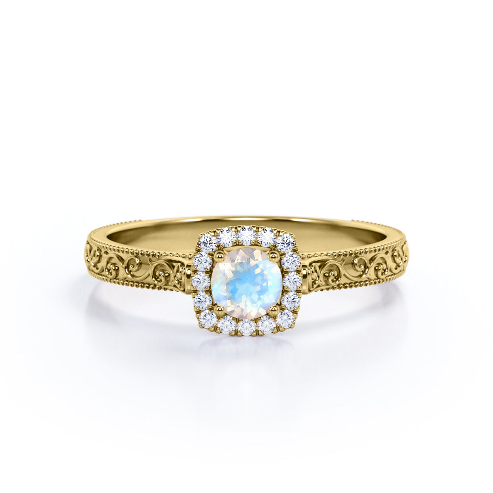 June's Vintage 0.6 carat Round Moonstone and Moissanite Engagement Ring in White Gold