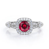 Antique Milgrain 1.35 Carat Round Cut Lab Ruby And Diamond Halo Engagement Ring In White Gold