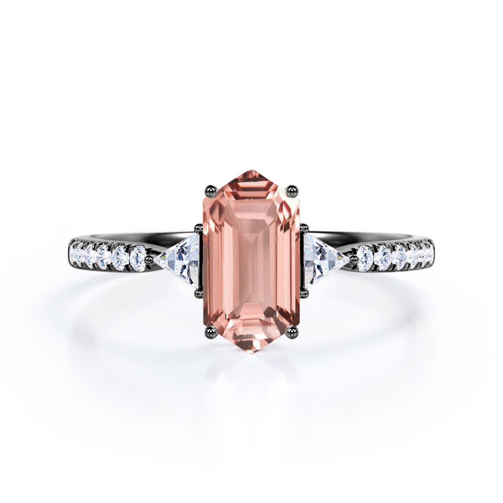 Classic 0.65 carat Hexagon Morganite and Moissanite Pinched Shank Engagement Ring in White Gold