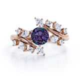 Modern Art Deco 0.85 Carat Round Cut Lab Created Alexandrite Nature Inspired Floral Engagement Ring