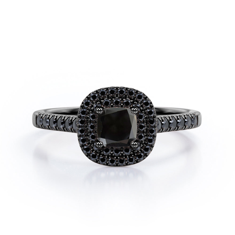Double Halo Style - 1.45 TCW Princess Cut Lab Created Black Diamond - Scalloped Pave Engagement Ring in White Gold