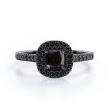 Double Halo Style - 1.45 TCW Princess Cut Lab Created Black Diamond - Scalloped Pave Engagement Ring in White Gold