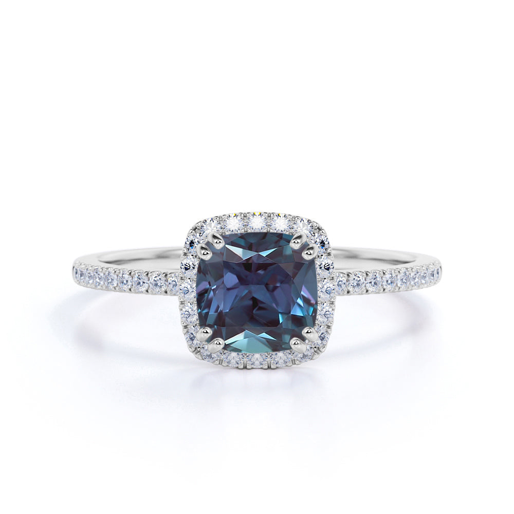 Pave 1.50 Ct Cushion Lab Alexandrite Halo Engagement Ring