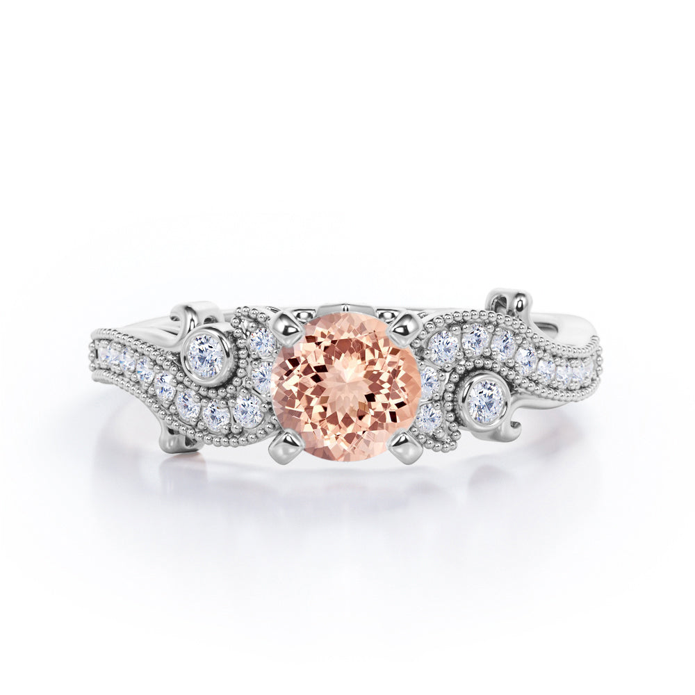Four Prong 1.35 Carat Round Cut Morganite and Diamond Vintage Milgrain Engagement Ring In Rose Gold