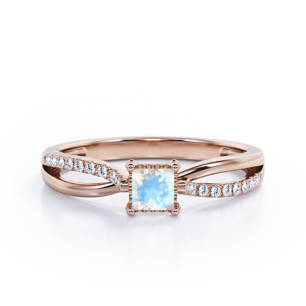 Twisted and Split Pinched Shank 0.65 carat Princess Moonstone and Moissanites Elegant Engagement Ring in White Gold