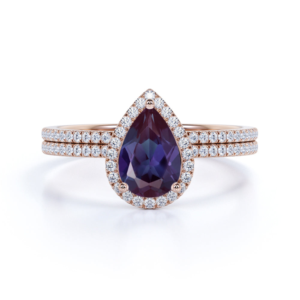 Intricate Traditional Halo 1.75 Carat Pear Cut Lab Grown Alexandrite and Diamond Half Eternity Pave Bridal Set Rings
