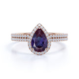 Intricate Traditional Halo 1.75 Carat Pear Cut Lab Grown Alexandrite and Diamond Half Eternity Pave Bridal Set Rings