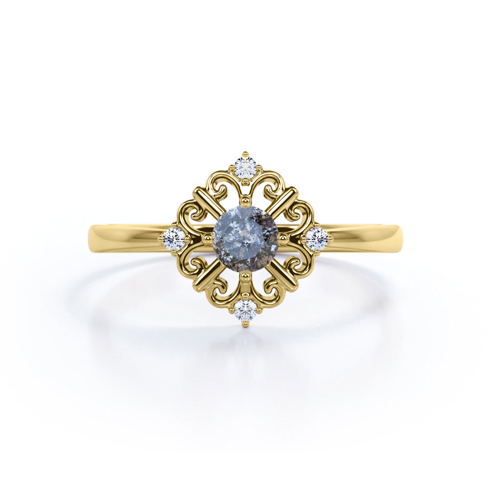 Solitaire Floral Outline 0.60 Carat Round Cut Icy Black Grey Salt and Pepper Diamond Plain Shank Engagement Ring