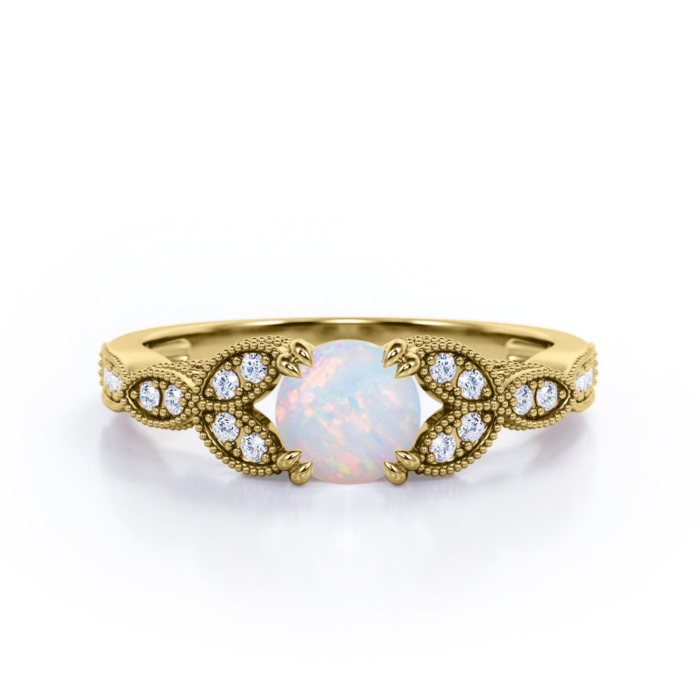 Sharp Eight Claws 1.35 Carat Round Cut Natural Opal And Diamond Beaded Art Deco Engagement Ring In White Gold