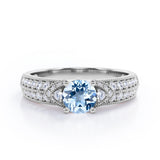 Antique 4 Prong 1.50 Carat Round Cut Aquamarine And Diamond Vintage Milgrain Layered Engagement Ring In White Gold