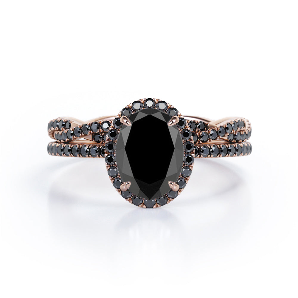 Four-Prong Halo 1.75 TCW Oval-Shaped Lab Created Black Diamond Pave Twisted Eternity Bridal Set in White Gold