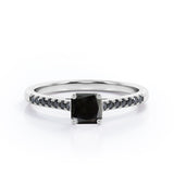 Four Prong Set - 1.25 TCW Princess Cut Lab Created Black Diamond - Scalloped Pave Engagement Ring in White Gold