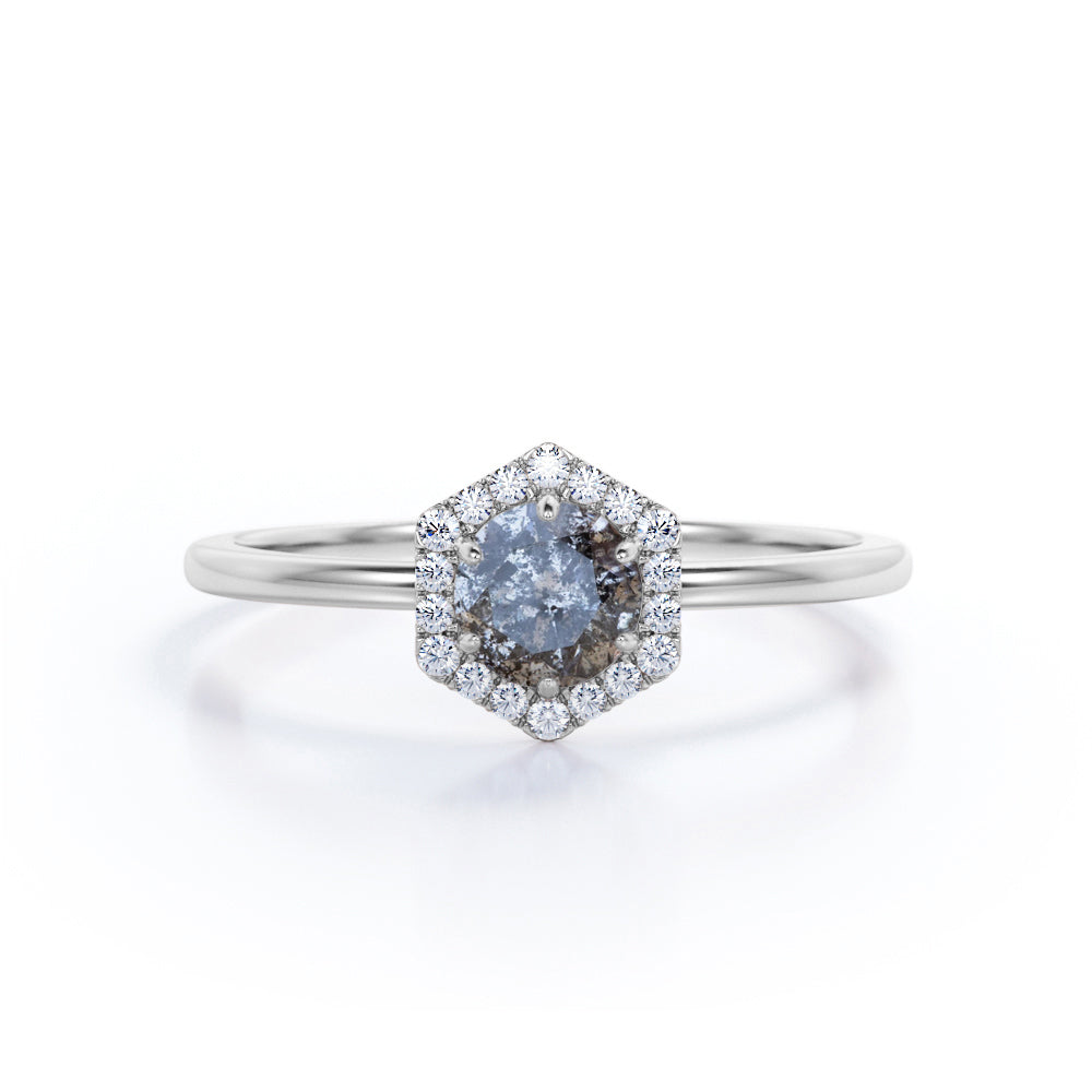 Hexagon 1 Ct Round Salt and Pepper Diamond Engagement Ring