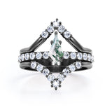 Double-Chevron 1.75 carat Kite Moss Agate and Moissanite Trio Wedding Ring Set in Black Gold