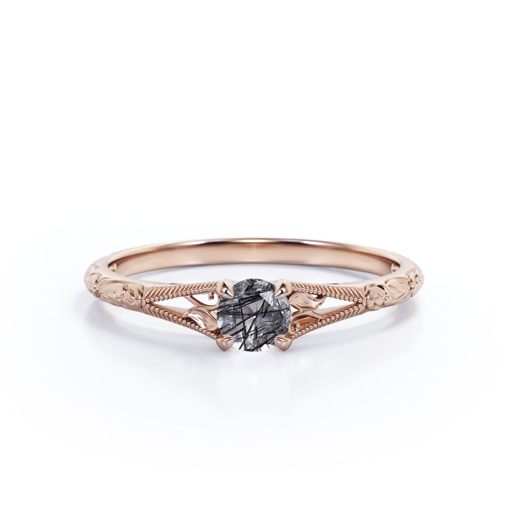 1.50 Carat Solitaire Round Cut Natural Needles Black Rutilated Quartz Milgrain Filigree Engagement Ring in White Gold for Her