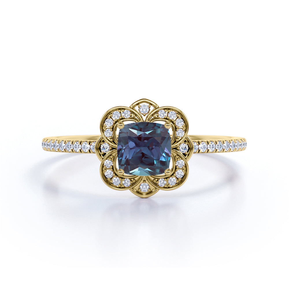 Antique Flower Cluster 1.50 Carat Cushion Cut Lab Created Blue Alexandrite and Diamond Halo Pave Engagement Ring in White Gold for Her
