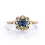 Antique Flower Cluster 1.50 Carat Cushion Cut Lab Created Blue Alexandrite and Diamond Halo Pave Engagement Ring in White Gold for Her