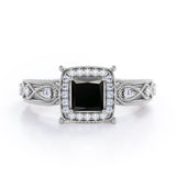 Art Deco Beaded 1.35 Carat Princess Cut Black Diamond Halo Engagement Ring In White Gold