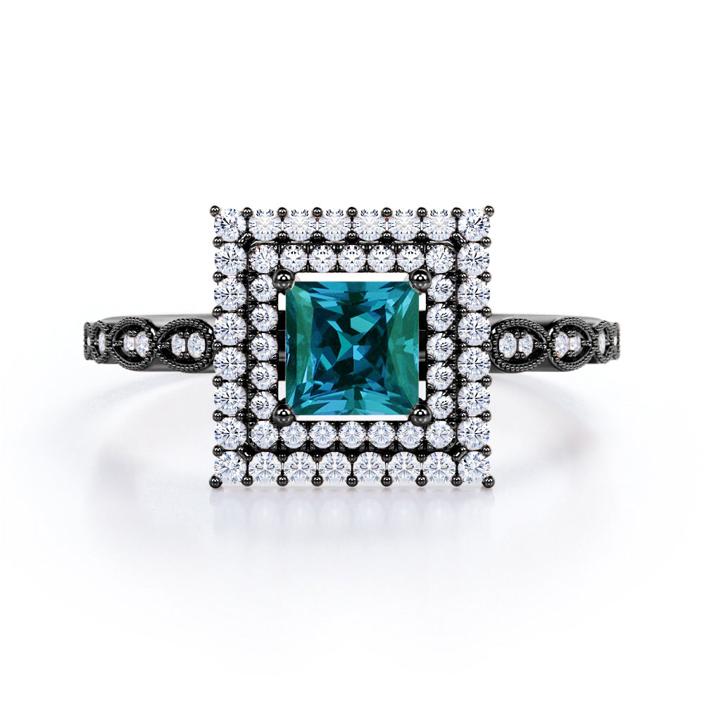 Timeless Double Halo 1.50 Carat Princess Cut Lab Created Alexandrite And Diamond Cluster Art Deco Engagement Ring In White Gold For Her