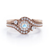 Pave-Prong Design 0.55 TCW Round Shape Moonstone and Moissanite Bridal Ring Set in Rose Gold