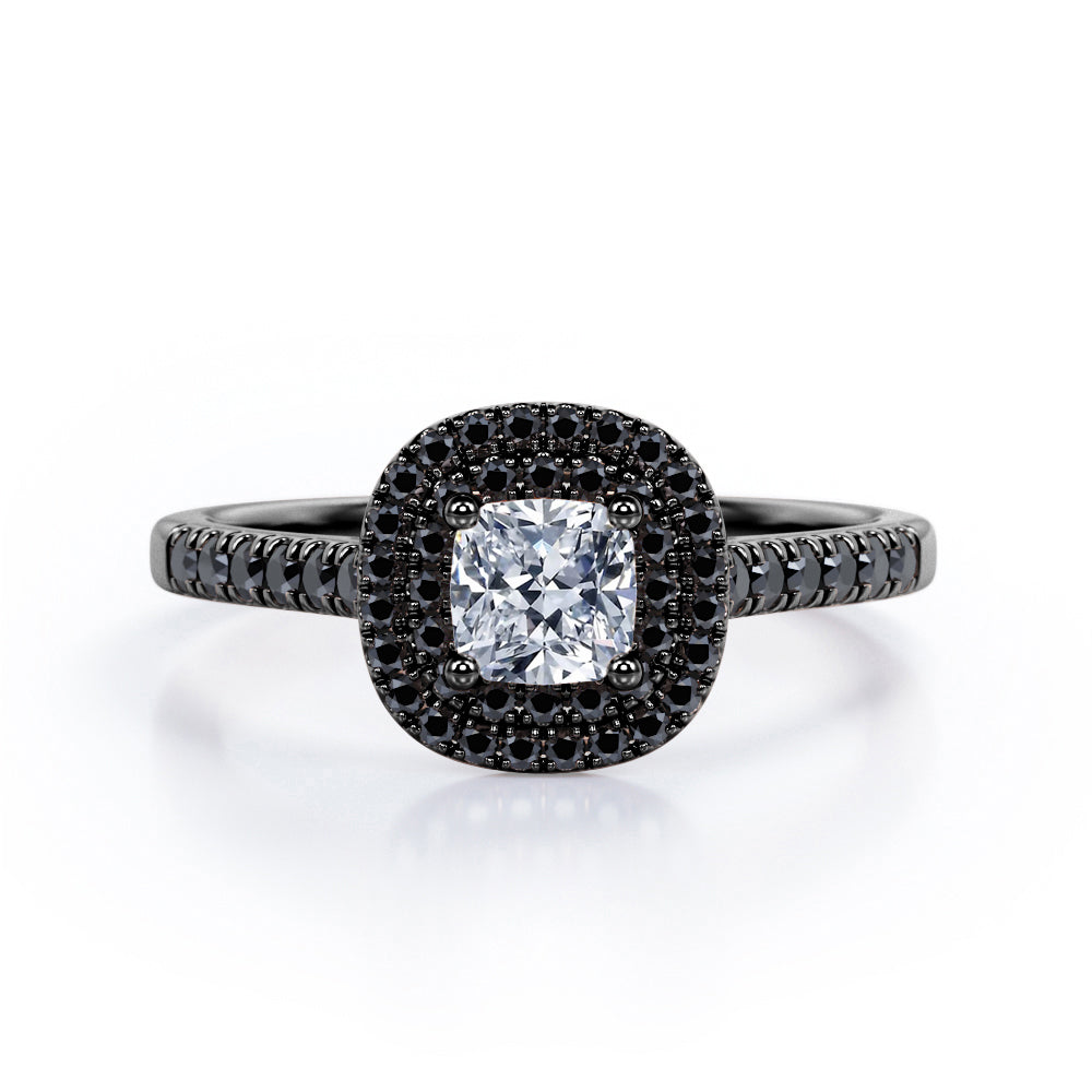 Double Halo Style - 1.45 TCW Princess Cut Moissanite with Lab Created Black Diamond - Scalloped Pave Engagement Ring in Yellow Gold