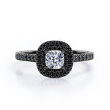 Double Halo Style - 1.45 TCW Princess Cut Moissanite with Lab Created Black Diamond - Scalloped Pave Engagement Ring in Yellow Gold