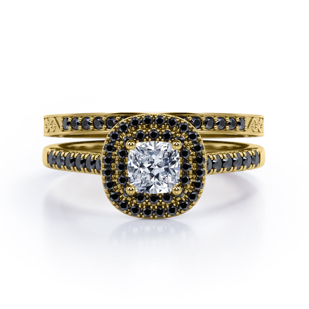 Filigree Scalloped Pave 1.65 TCW Princess Cut Moissanite with Lab Created Black Diamond Double Halo Style Wedding Ring Set in White Gold