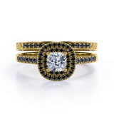 Filigree Scalloped Pave 1.65 TCW Princess Cut Moissanite with Lab Created Black Diamond Double Halo Style Wedding Ring Set in White Gold