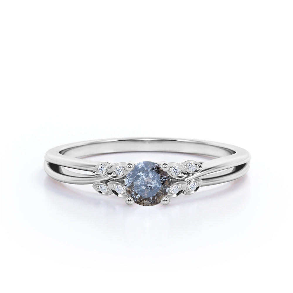 0.75 Ct Round Salt and Pepper Diamond Leaf Engagement Ring