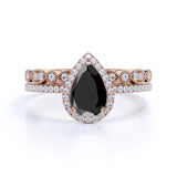 Beautiful 1.75 Carat Pear cut Lab Black Diamond Halo Wedding Ring Set in White Gold
