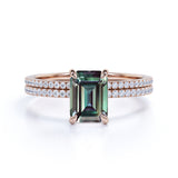 Solitaire 4 Claw 1.50 Carat Emerald Cut Lab Made Alexandrite and Diamond Pave Wedding Ring Sets