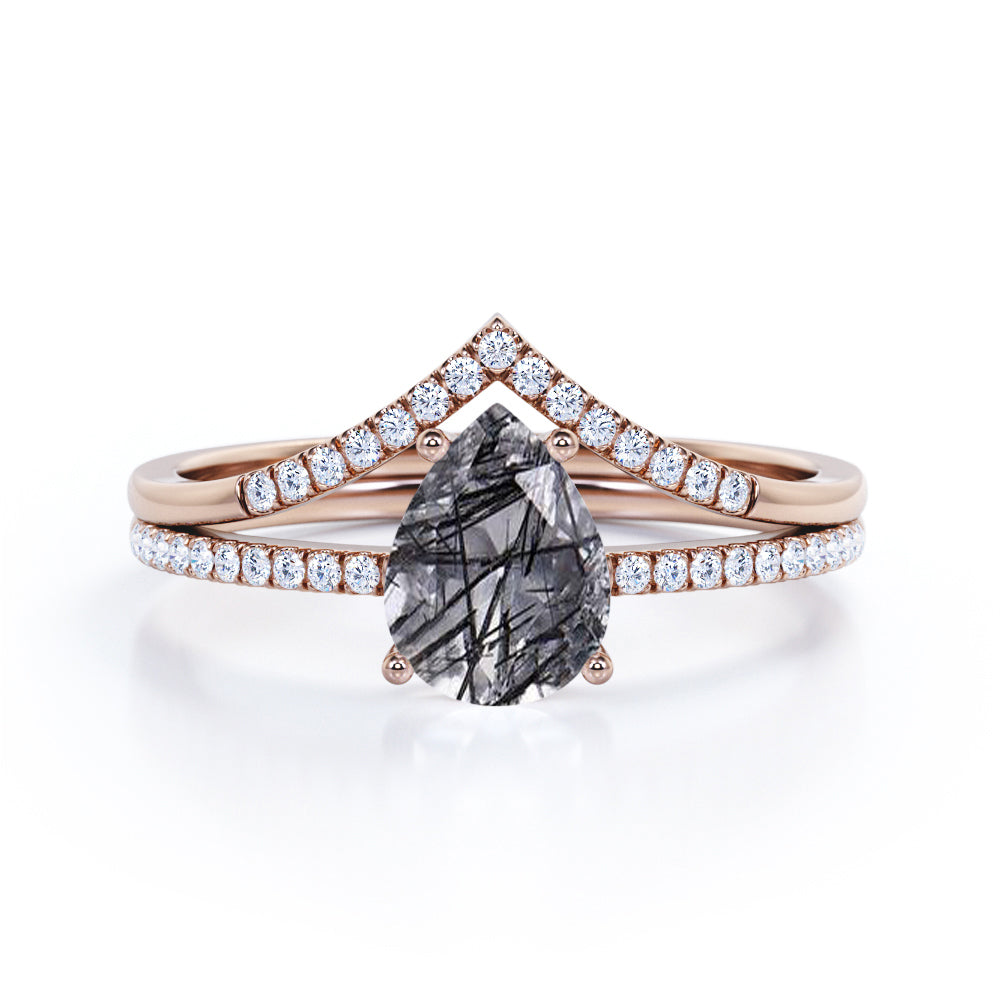 1.40 ct Pear Black Rutilated Quartz V Style Pave Bridal Set