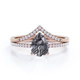 1.40 ct Pear Black Rutilated Quartz V Style Pave Bridal Set