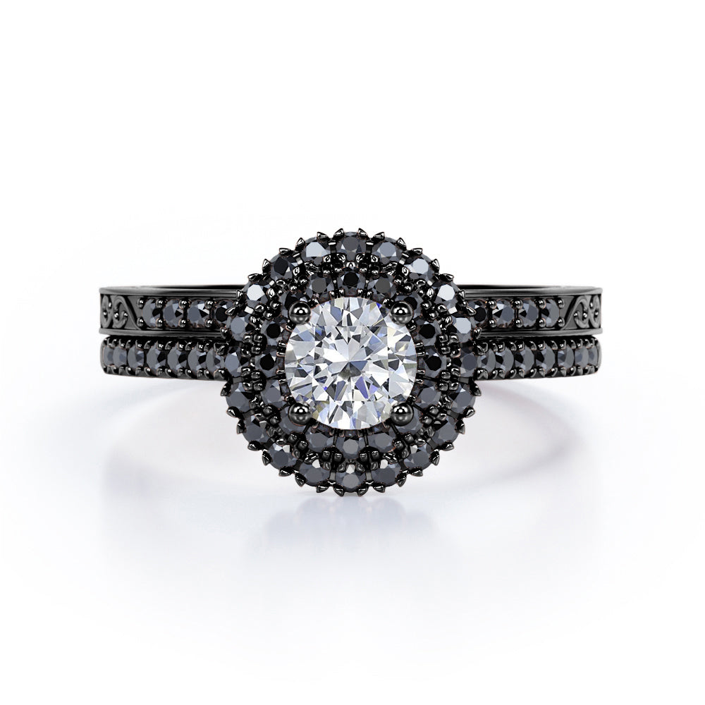 Double Halo Pave 1.75 TCW Round Moissanite with Lab Created Black Diamond Filigree Wedding Ring Set in Rose Gold
