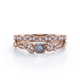 Vintage Nature Inspired 0.75 Carat Round Cut Natural Icy Grey Salt and Pepper Diamond with Art Deco Band Wedding Ring Sets in Rose Gold for Her