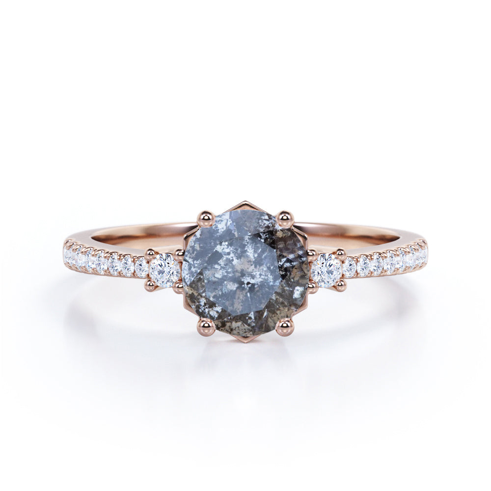 Pave 0.75 Ct Round Cut Salt and Pepper Diamond Engagement Ring