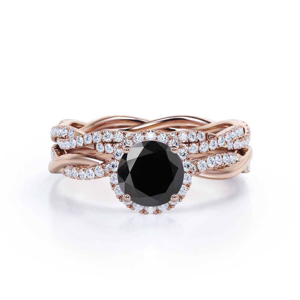 1.75 Carat Round cut Lab Black Diamond Bridal Set with semi eternity wedding band in White Gold