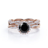 1.75 Carat Round cut Lab Black Diamond Bridal Set with semi eternity wedding band in White Gold