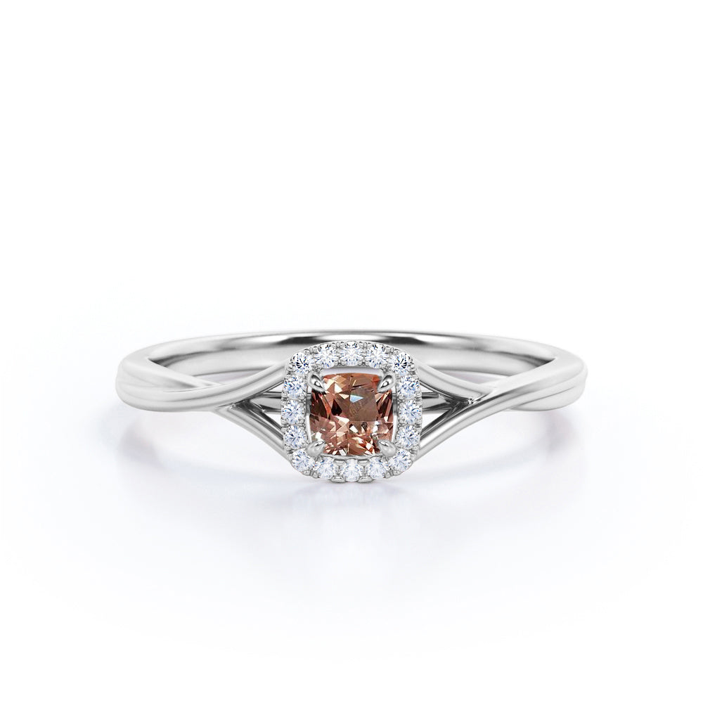 Split Twisted Shank 0.65 carat Cushion Morganite and Moissanite Engagement Ring in Rose Gold