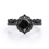 1.65 ct Cushion Lab Black Diamond Vintage Halo Bridal Set