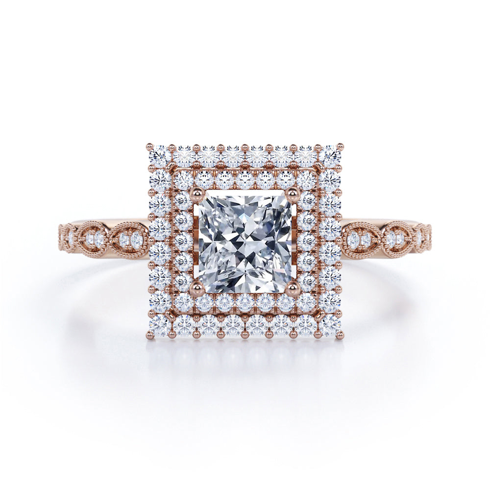 Scalloped 1.1 carat Princess Cut Moissanite and Diamond Engagement Ring in Black Gold