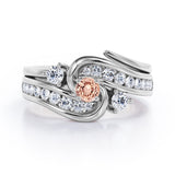 Twisted Tension - Prong 1 TCW Round Brilliant Cut Morganite and Moissanite - Flush Channel Wedding Set in White Gold