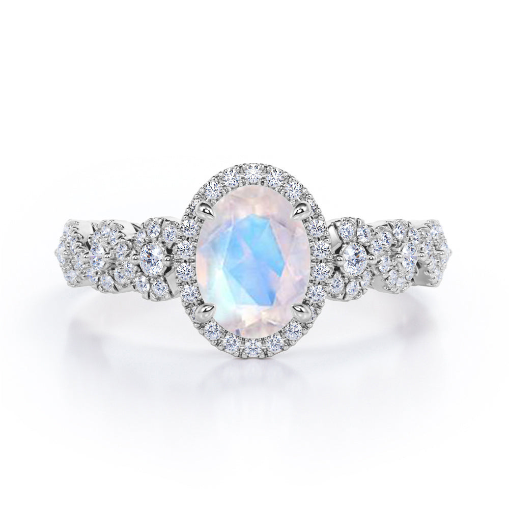 Twisted Pave Set 1.45 Carat Oval Cut  Moonstone And Diamond Halo Infinity Engagement Ring In Rose Gold