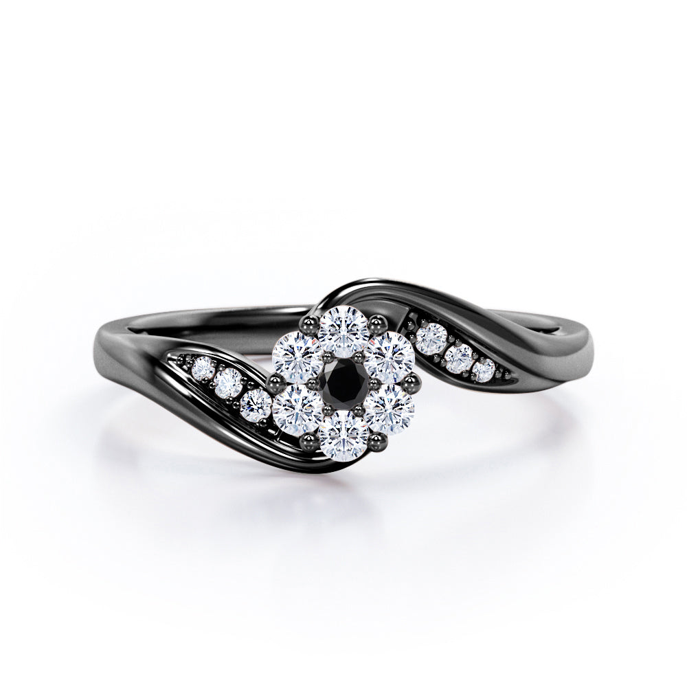 Floral Cloud Clustered 0.55 carat Round Black Diamond Distorted Engagement Ring in White Gold