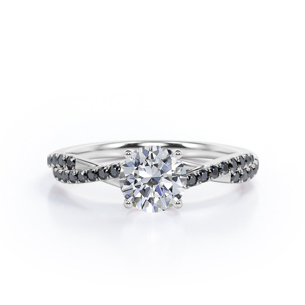 Basket Cathedral - 1.45 TCW Round Shape Moissanite with Lab Created Black Diamond - Crossover Pave Engagement Ring in Black Gold