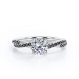 Basket Cathedral - 1.45 TCW Round Shape Moissanite with Lab Created Black Diamond - Crossover Pave Engagement Ring in Black Gold