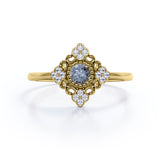 Flower Cluster 0.75 Carat Round Cut Dark Grey Salt and Pepper Diamond Bezel Setting Plain Shank Engagement Ring