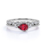 Vintage Milgrain Bezel Setting 1.50 Carat Pear Shape Lab Ruby and Art Deco Diamond Wedding Ring Set in White Gold