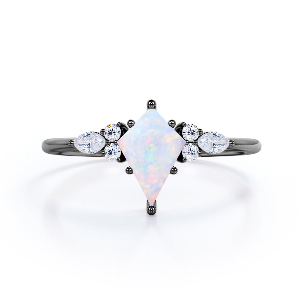 Asymmetric 1.30 Carat kite Shaped White Fire Opal And Diamond Seven Stone Engagement Ring In White Gold